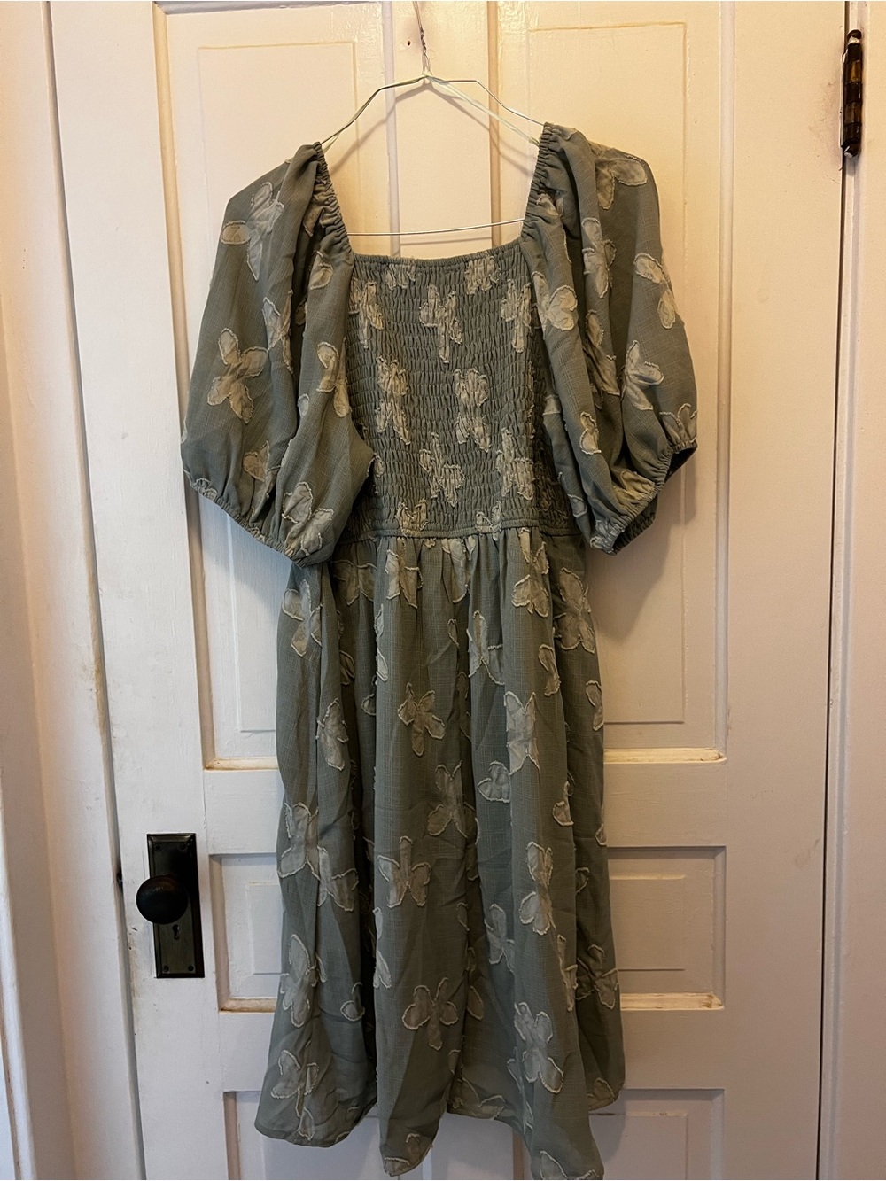 Baltic Born Sage Green Puff Sleeve Midi Dress with White Floral Embroidery